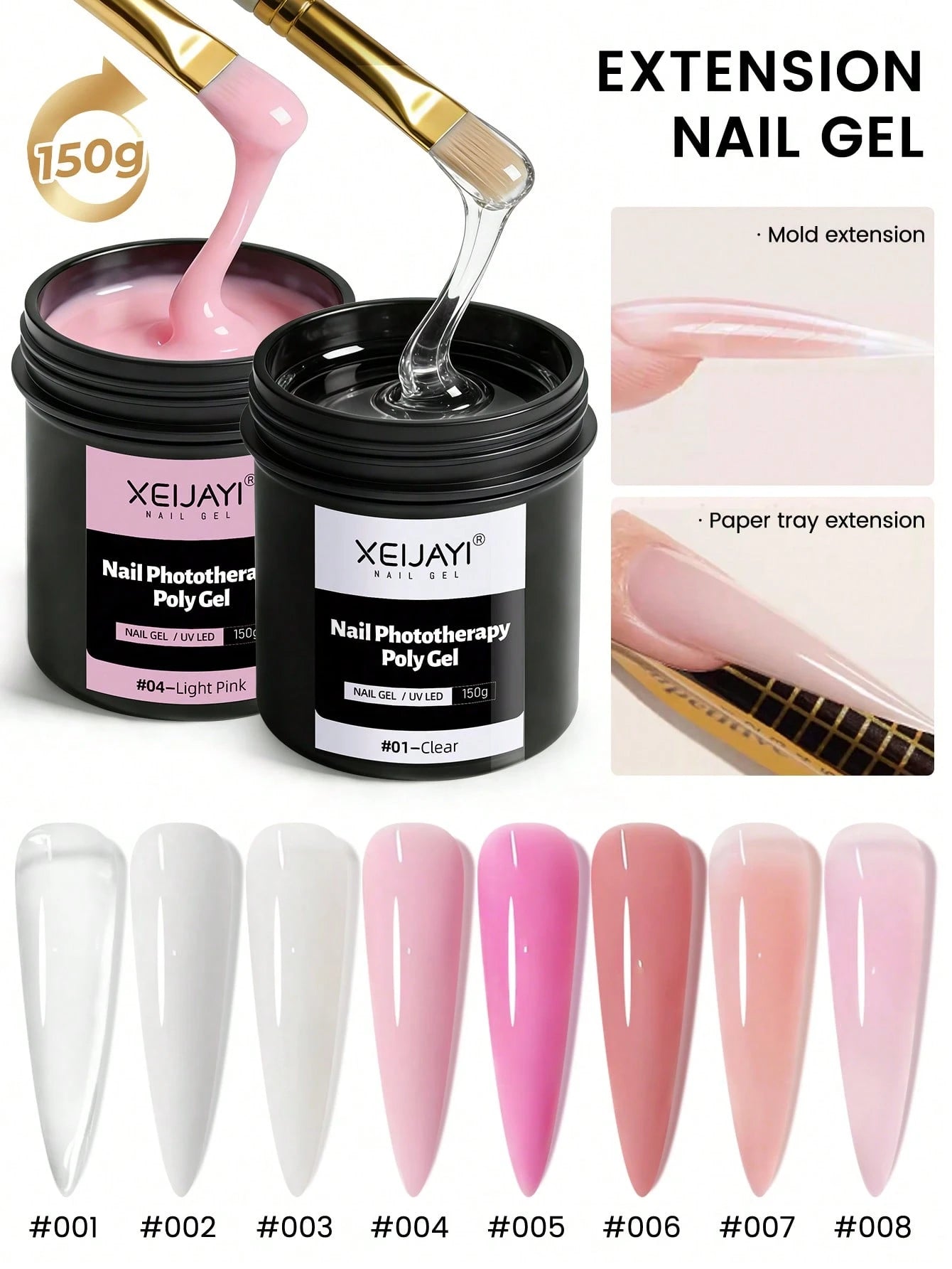 XEIJAYI 18pcs/Set 150g UV LED Curing Nail Extension Gel, Acrylic Crystal Nail Extension Gel For Home Salon DIY Nails