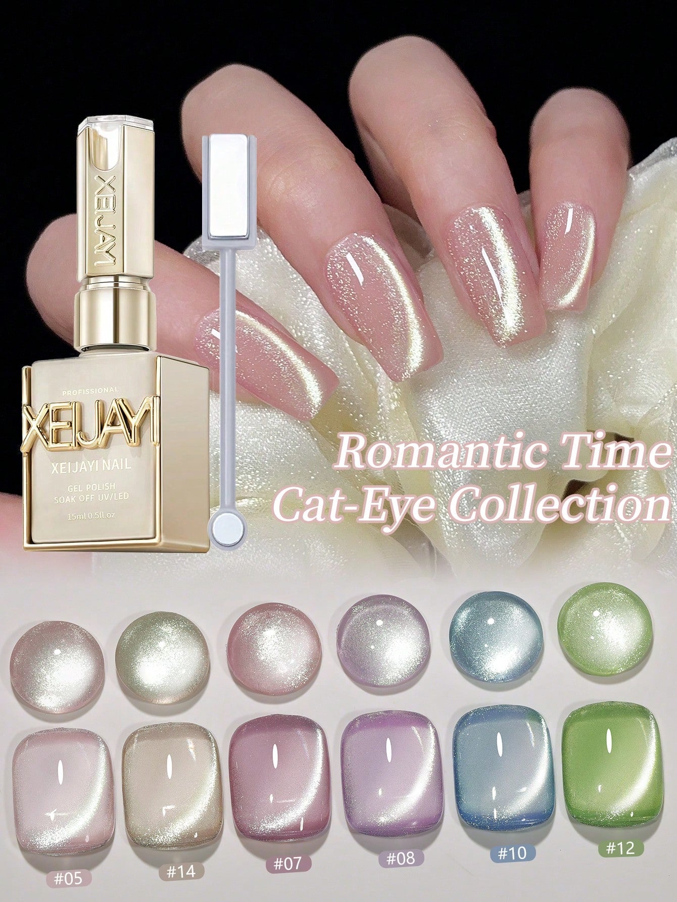 XEIJAYI 6pcs 15ml Romantic Moments Cat Eye Nail Gel Polish, Semi Permanent Nail Art Soaking UV LED Nail Salon DIY Nail Salon Gel For Spring And Summer-With Magnetic Stick Included Nails