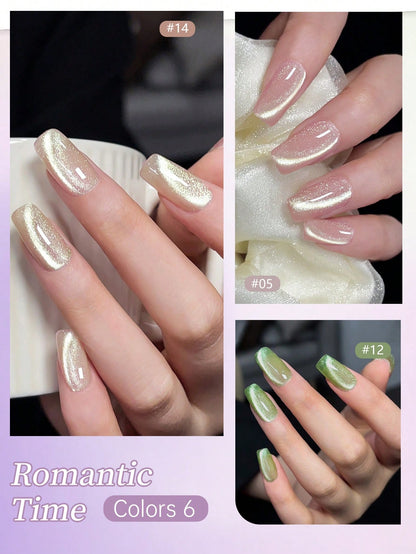 XEIJAYI 6pcs 15ml Romantic Moments Cat Eye Nail Gel Polish, Semi Permanent Nail Art Soaking UV LED Nail Salon DIY Nail Salon Gel For Spring And Summer-With Magnetic Stick Included Nails