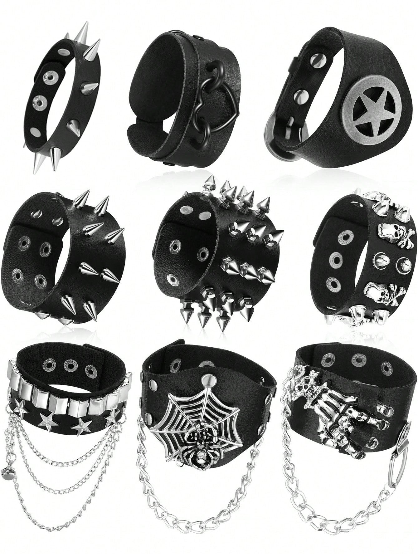 Xiacheng 1/6/9 Pieces Spiked Studded PU Leather Bracelet Black Leather Rivet Punk Bracelet Cuff Wrap Bangle Snap Button Metal Wristband For Men Women