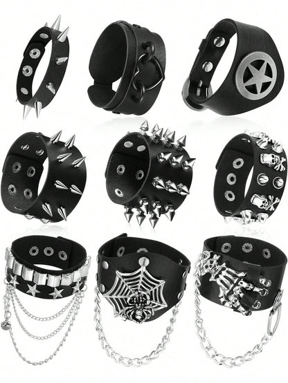 Xiacheng 1/6/9 Pieces Spiked Studded PU Leather Bracelet Black Leather Rivet Punk Bracelet Cuff Wrap Bangle Snap Button Metal Wristband For Men Women
