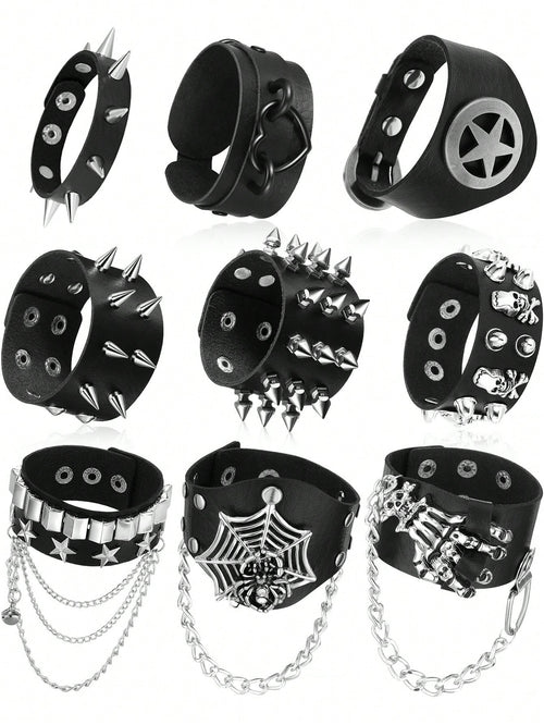 Xiacheng 1/6/9 Pieces Spiked Studded PU Leather Bracelet Black Leather Rivet Punk Bracelet Cuff Wrap Bangle Snap Button Metal Wristband For Men Women