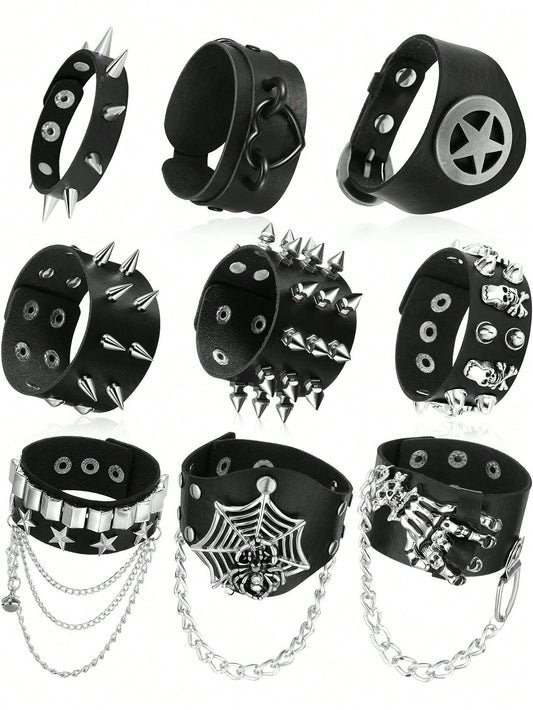 Xiacheng 1/6/9 Pieces Spiked Studded PU Leather Bracelet Black Leather Rivet Punk Bracelet Cuff Wrap Bangle Snap Button Metal Wristband For Men Women