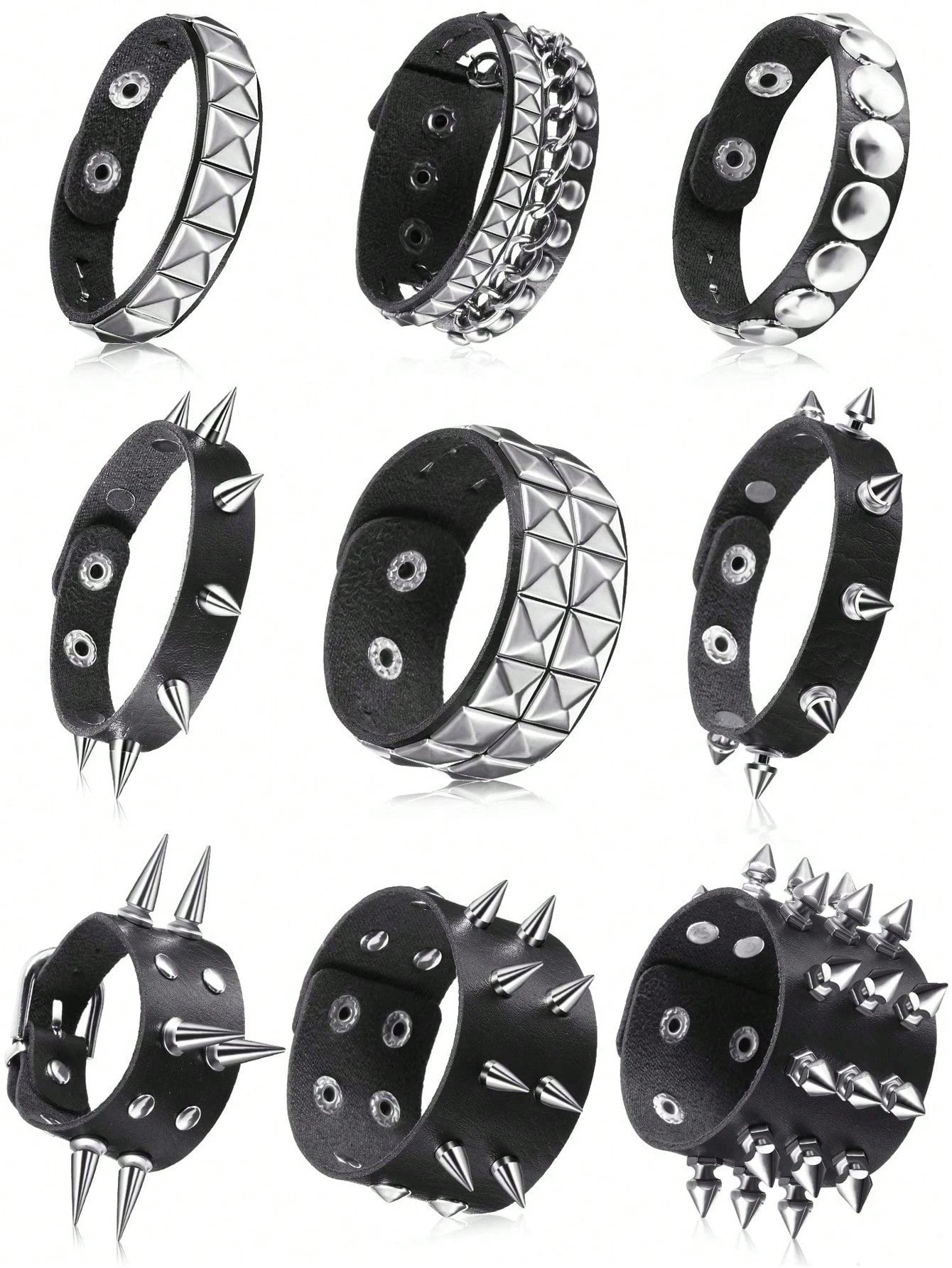 Xiacheng 1/6/9 Pieces Spiked Studded PU Leather Bracelet Black Leather Rivet Punk Bracelet Cuff Wrap Bangle Snap Button Metal Wristband For Men Women