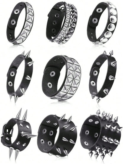 Xiacheng 1/6/9 Pieces Spiked Studded PU Leather Bracelet Black Leather Rivet Punk Bracelet Cuff Wrap Bangle Snap Button Metal Wristband For Men Women
