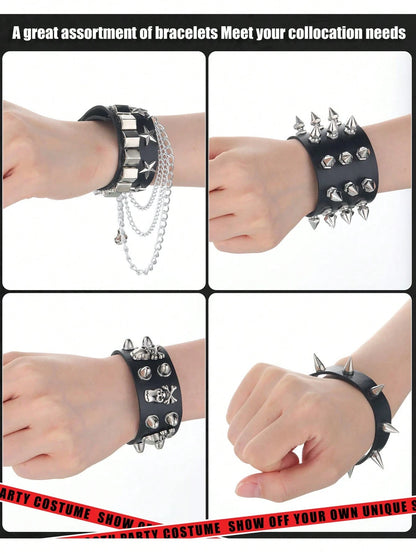 Xiacheng 1/6/9 Pieces Spiked Studded PU Leather Bracelet Black Leather Rivet Punk Bracelet Cuff Wrap Bangle Snap Button Metal Wristband For Men Women