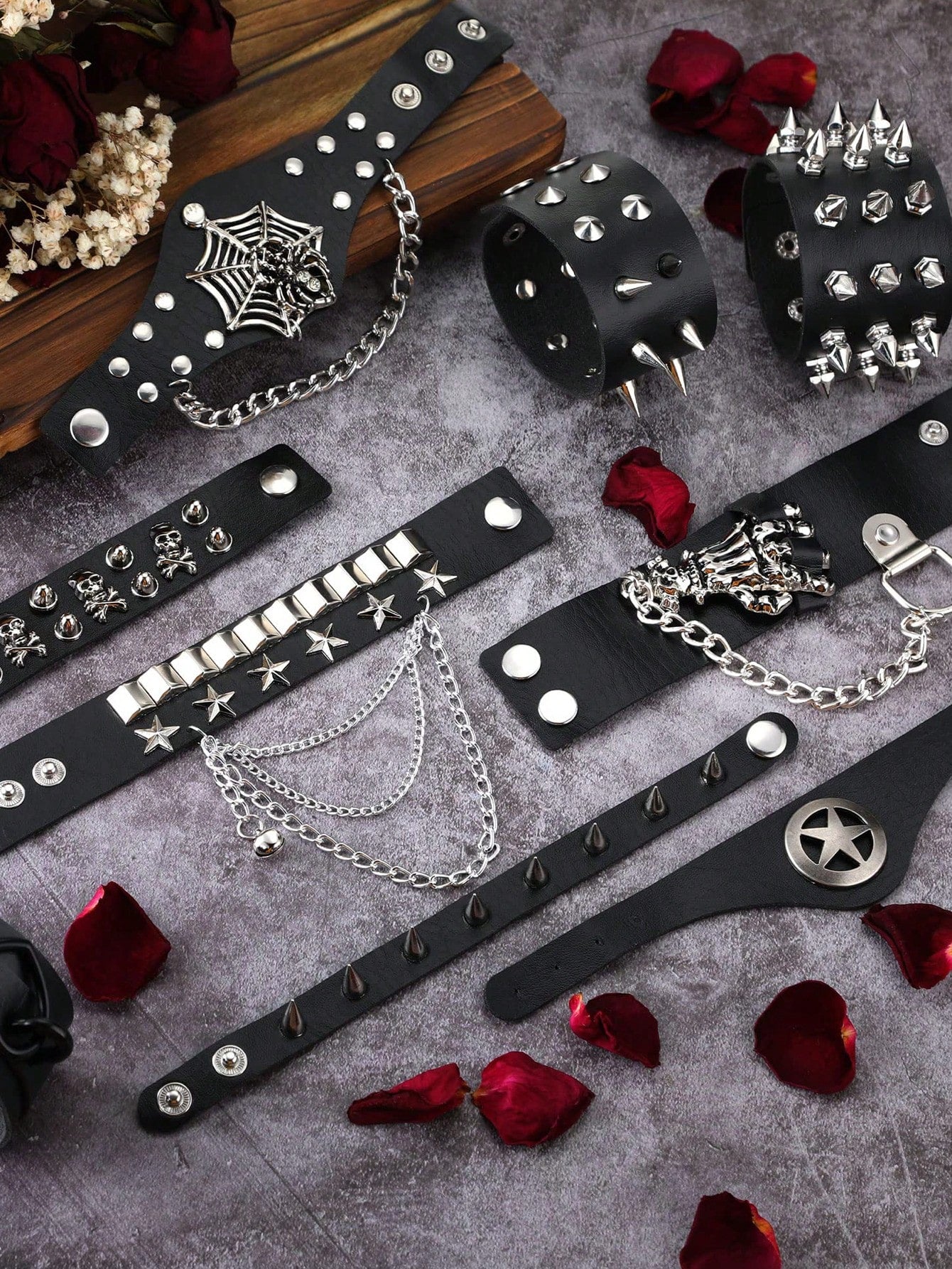 Xiacheng 1/6/9 Pieces Spiked Studded PU Leather Bracelet Black Leather Rivet Punk Bracelet Cuff Wrap Bangle Snap Button Metal Wristband For Men Women