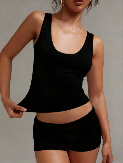 XLLAIS Women's Solid Color Casual Versatile Double Layer Yoga High Elastic Fabric Sexy U-Neck Sleeveless Tank Top Summer Back To School