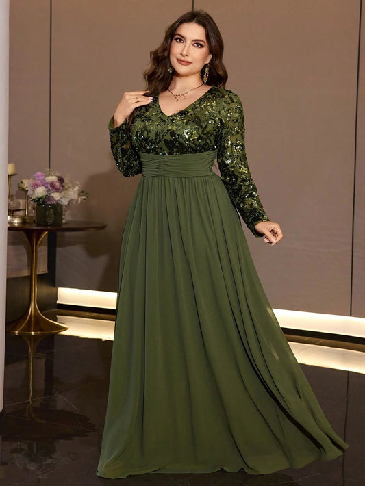 XUIBOL Stretchy Elegant Chiffon Sequin Waist-Cinching V-Neck Long Sleeved Full Skirt Dress Suitable For Date Night Wedding Party Birthday Cocktail