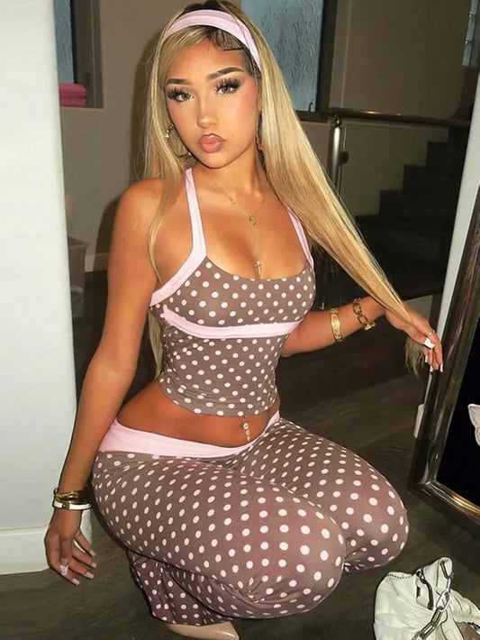 Y2K Polka Dot Halter Backless Top And Low-Waist Flared Pants 2 Pieces Set, Contrast Color Design, Suitable For Dates, Parties, Gatherings Summer Elegant, Co-Ord Set