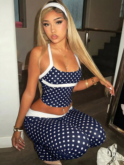 Y2K Polka Dot Halter Backless Top And Low-Waist Flared Pants 2 Pieces Set, Contrast Color Design, Suitable For Dates, Parties, Gatherings Summer Elegant, Co-Ord Set
