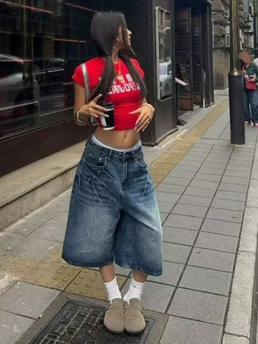 Y2K Vintage Washed Cat Whisker Pocket Wide Leg Bermuda Denim Jeans Shorts, Casual Capri Pants Summer
