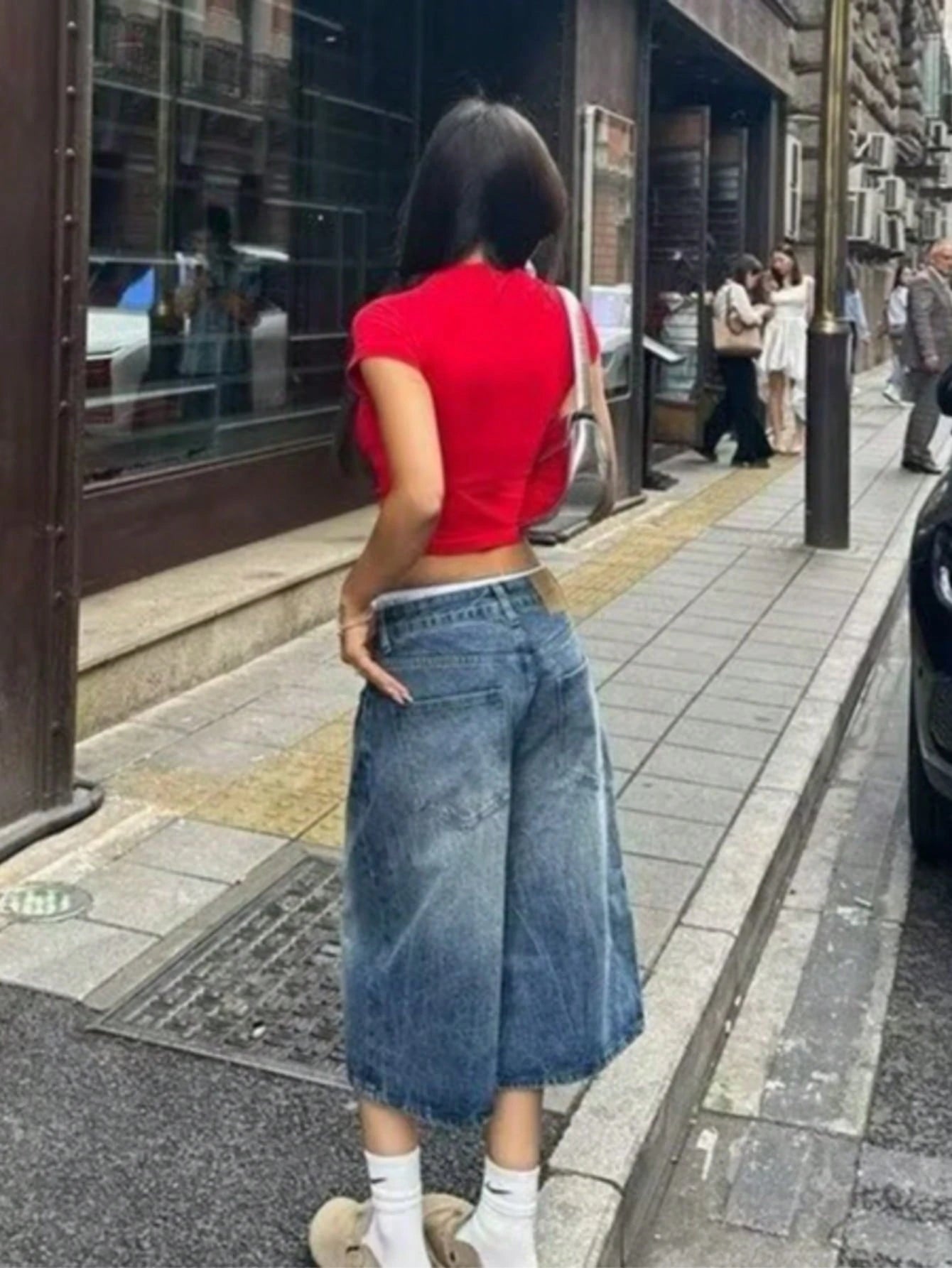 Y2K Vintage Washed Cat Whisker Pocket Wide Leg Bermuda Denim Jeans Shorts, Casual Capri Pants Summer