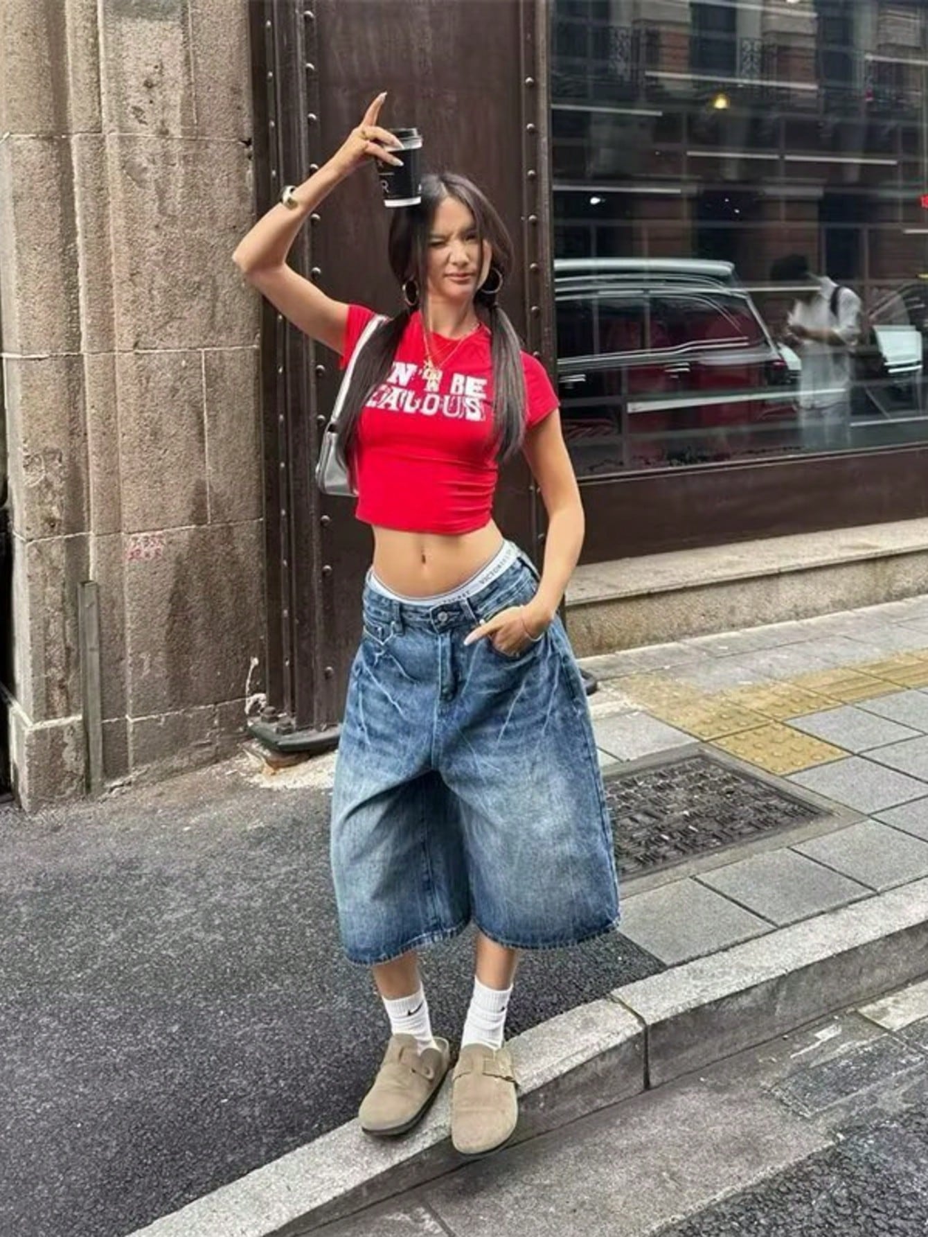 Y2K Vintage Washed Cat Whisker Pocket Wide Leg Bermuda Denim Jeans Shorts, Casual Capri Pants Summer