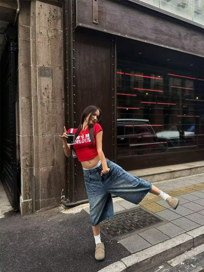 Y2K Vintage Washed Cat Whisker Pocket Wide Leg Bermuda Denim Jeans Shorts, Casual Capri Pants Summer