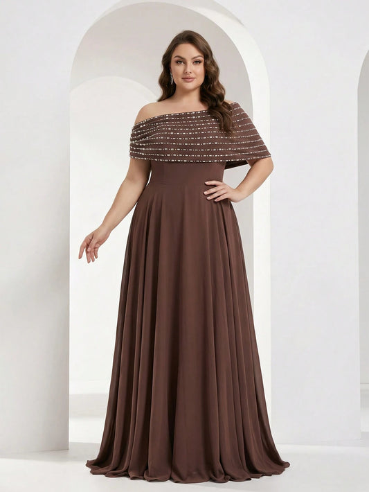 YISIKADO Plus Size Women's Elegant Ball Gown, Rhinestone One Shoulder Cape Sleeveless Formal Evening Dress, Elegant Wedding Guest Ball Gown Brown Party Fall