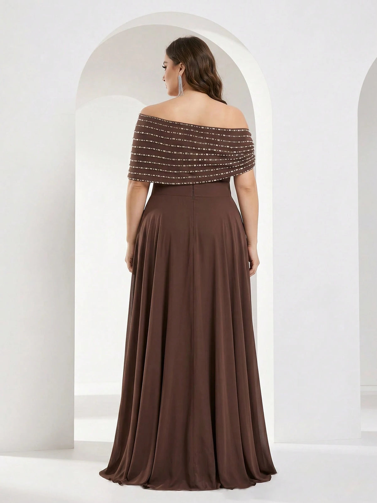 YISIKADO Plus Size Women's Elegant Ball Gown, Rhinestone One Shoulder Cape Sleeveless Formal Evening Dress, Elegant Wedding Guest Ball Gown Brown Party Fall
