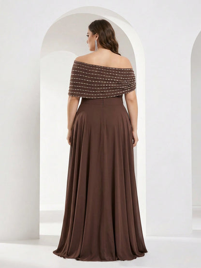 YISIKADO Plus Size Women's Elegant Ball Gown, Rhinestone One Shoulder Cape Sleeveless Formal Evening Dress, Elegant Wedding Guest Ball Gown Brown Party Fall