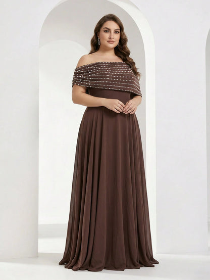 YISIKADO Plus Size Women's Elegant Ball Gown, Rhinestone One Shoulder Cape Sleeveless Formal Evening Dress, Elegant Wedding Guest Ball Gown Brown Party Fall
