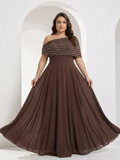 YISIKADO Plus Size Women's Elegant Ball Gown, Rhinestone One Shoulder Cape Sleeveless Formal Evening Dress, Elegant Wedding Guest Ball Gown Brown Party Fall