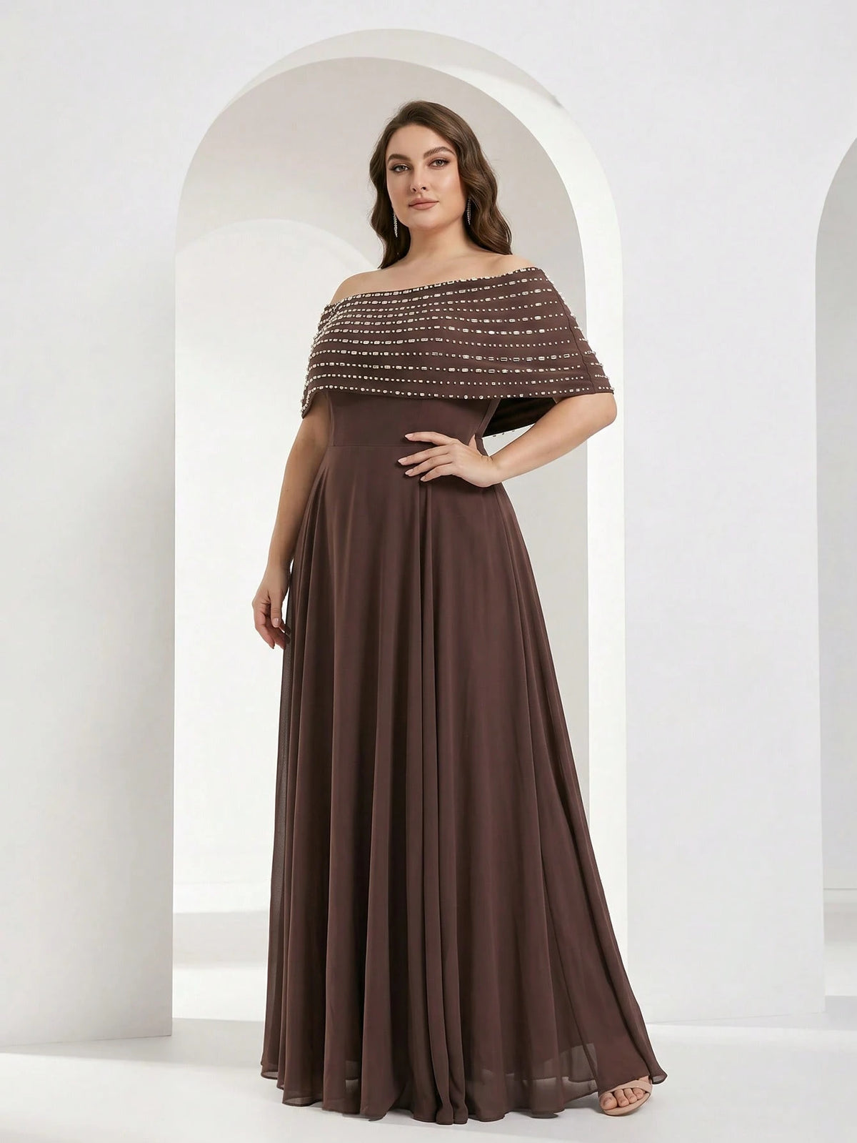 YISIKADO Plus Size Women's Elegant Ball Gown, Rhinestone One Shoulder Cape Sleeveless Formal Evening Dress, Elegant Wedding Guest Ball Gown Brown Party Fall