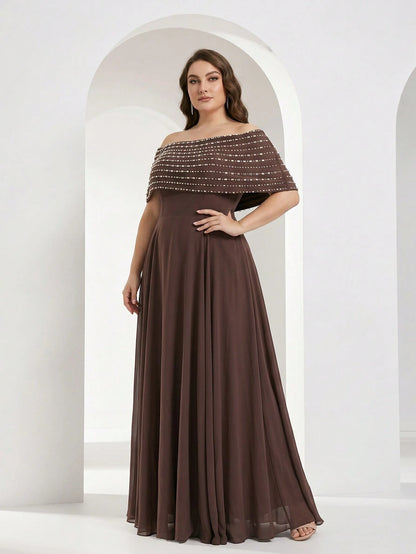 YISIKADO Plus Size Women's Elegant Ball Gown, Rhinestone One Shoulder Cape Sleeveless Formal Evening Dress, Elegant Wedding Guest Ball Gown Brown Party Fall