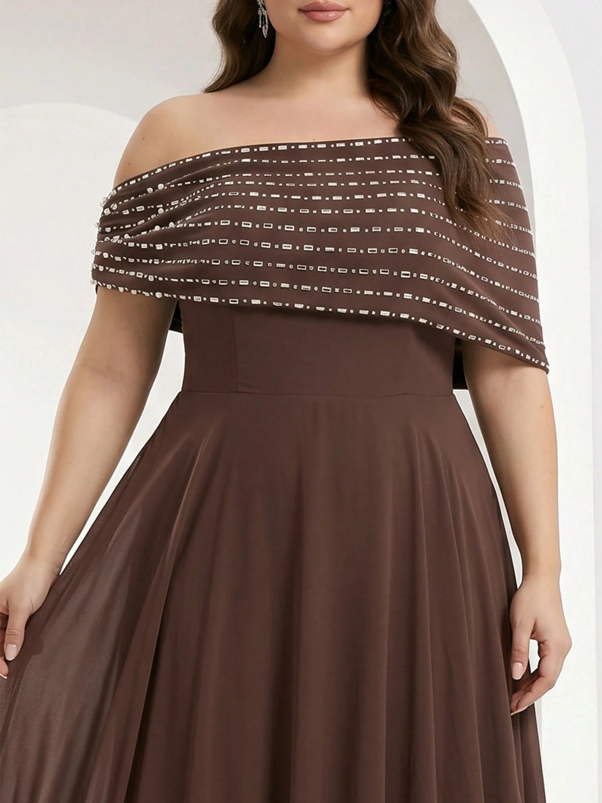 YISIKADO Plus Size Women's Elegant Ball Gown, Rhinestone One Shoulder Cape Sleeveless Formal Evening Dress, Elegant Wedding Guest Ball Gown Brown Party Fall