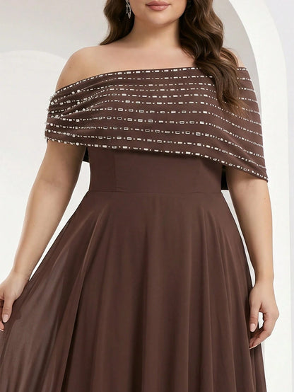 YISIKADO Plus Size Women's Elegant Ball Gown, Rhinestone One Shoulder Cape Sleeveless Formal Evening Dress, Elegant Wedding Guest Ball Gown Brown Party Fall