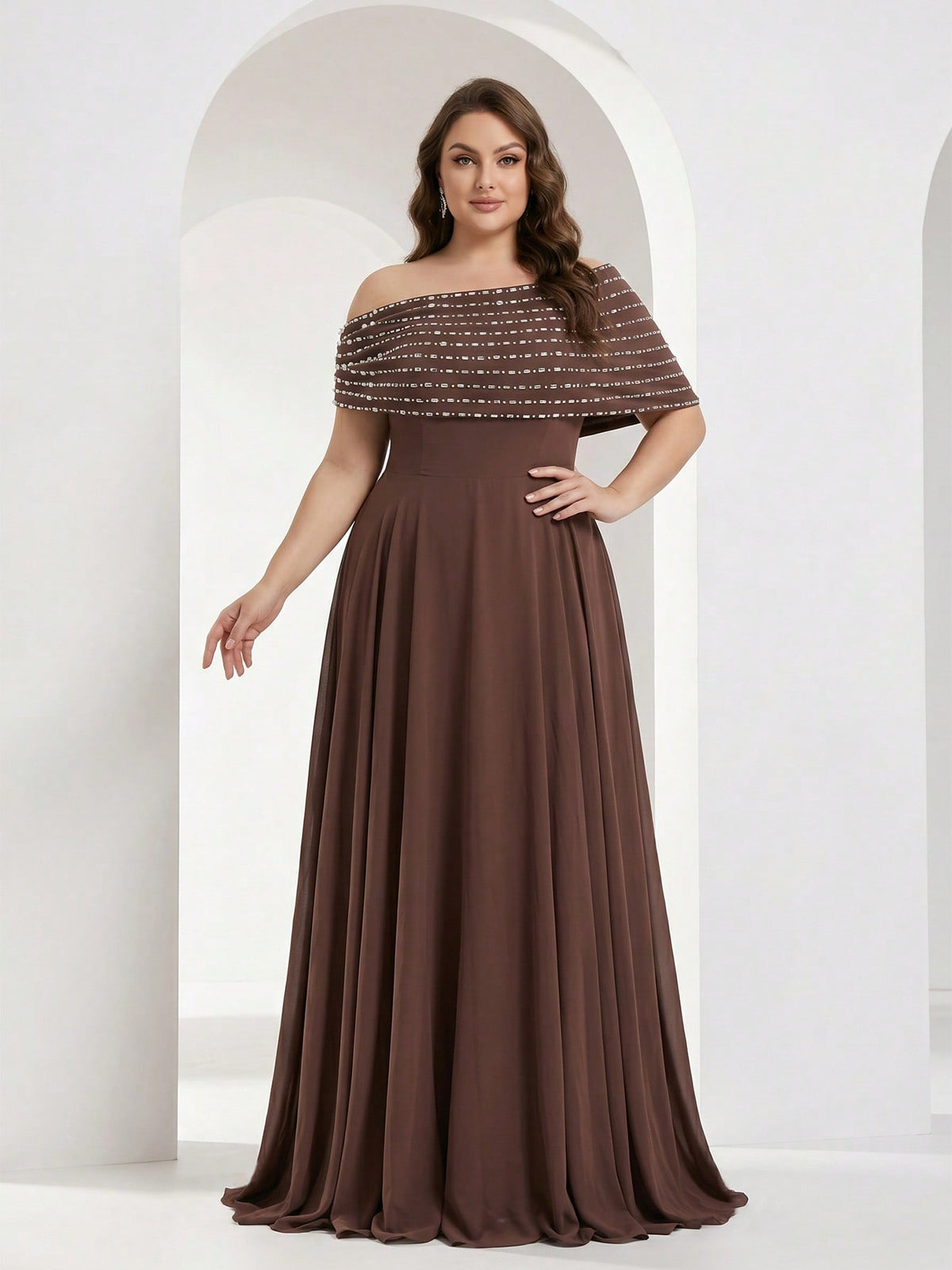 YISIKADO Plus Size Women's Elegant Ball Gown, Rhinestone One Shoulder Cape Sleeveless Formal Evening Dress, Elegant Wedding Guest Ball Gown Brown Party Fall