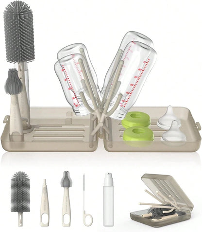 YOTIME Travel Bottle Brush Set, Auto-Open Rack &Amp; Vertical Brushs Drying Slots, 3 Brushes, Foldable Drying Rack, Dispenser, Travel Baby Essentials For On-The-Go Parents, Transparent Coffee