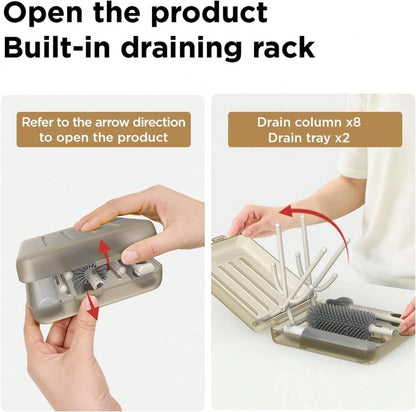 YOTIME Travel Bottle Brush Set, Auto-Open Rack &Amp; Vertical Brushs Drying Slots, 3 Brushes, Foldable Drying Rack, Dispenser, Travel Baby Essentials For On-The-Go Parents, Transparent Coffee