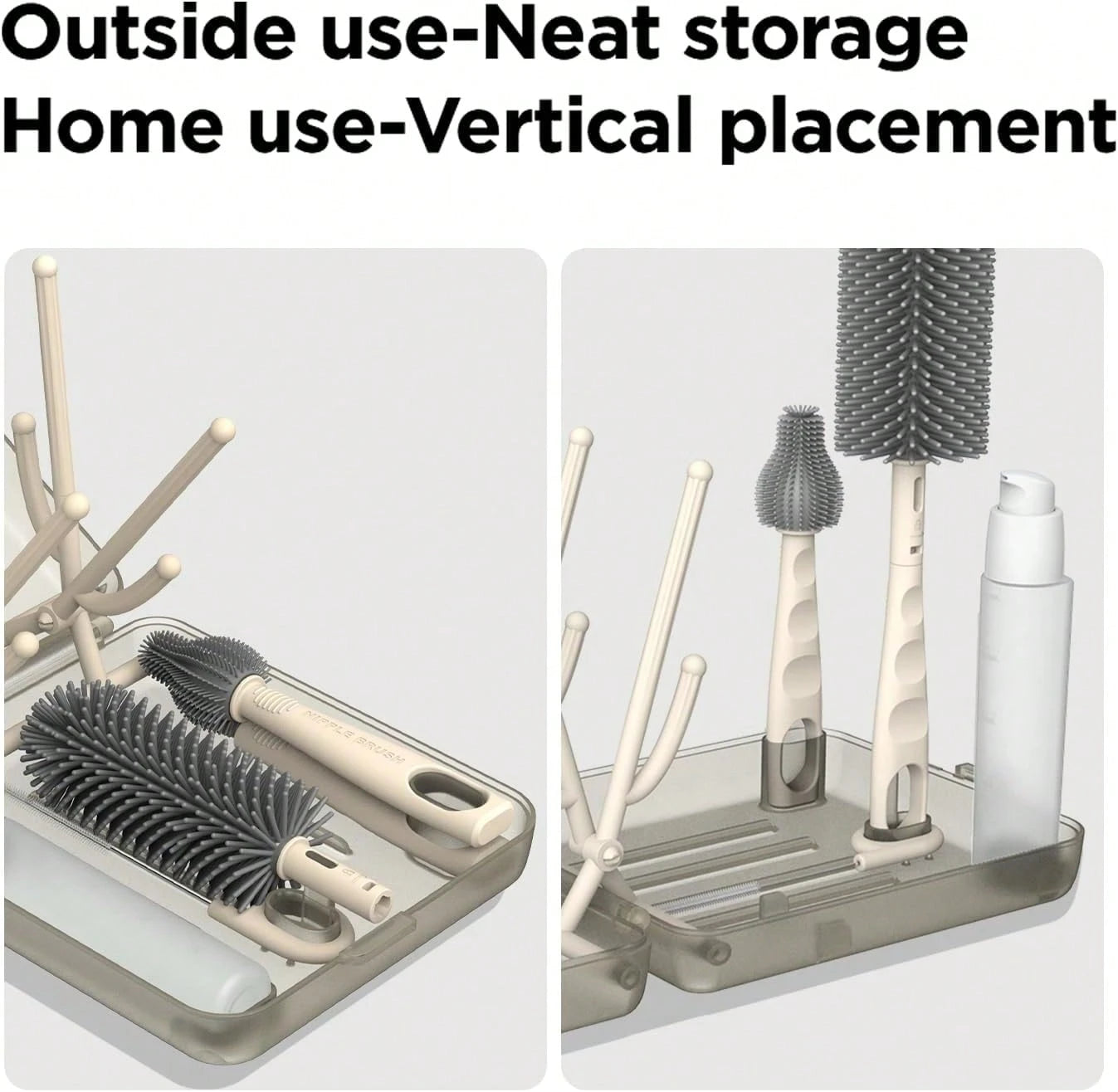 YOTIME Travel Bottle Brush Set, Auto-Open Rack &Amp; Vertical Brushs Drying Slots, 3 Brushes, Foldable Drying Rack, Dispenser, Travel Baby Essentials For On-The-Go Parents, Transparent Coffee