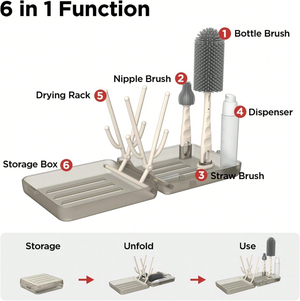 YOTIME Travel Bottle Brush Set, Auto-Open Rack &Amp; Vertical Brushs Drying Slots, 3 Brushes, Foldable Drying Rack, Dispenser, Travel Baby Essentials For On-The-Go Parents, Transparent Coffee