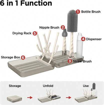 YOTIME Travel Bottle Brush Set, Auto-Open Rack &Amp; Vertical Brushs Drying Slots, 3 Brushes, Foldable Drying Rack, Dispenser, Travel Baby Essentials For On-The-Go Parents, Transparent Coffee