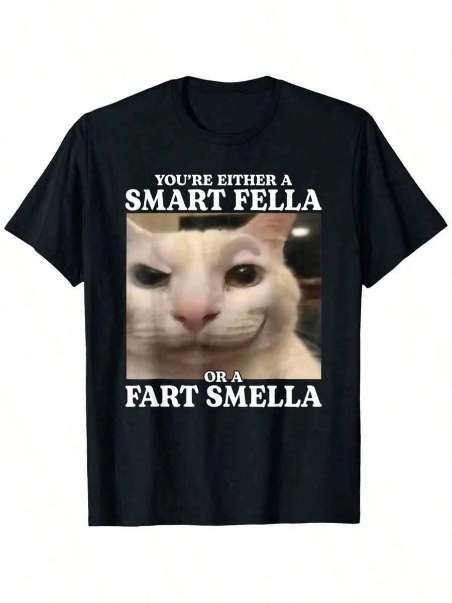 You're Either A Smart Fella Or A Fart Smella Funny Cat Meme T-Shirt Big Tall Cotton Casual Streetwear Tee Regular Fit Round Neck Short Sleeve All-Season Comfort Machine Washable Cat T Shirt, Size S-3X