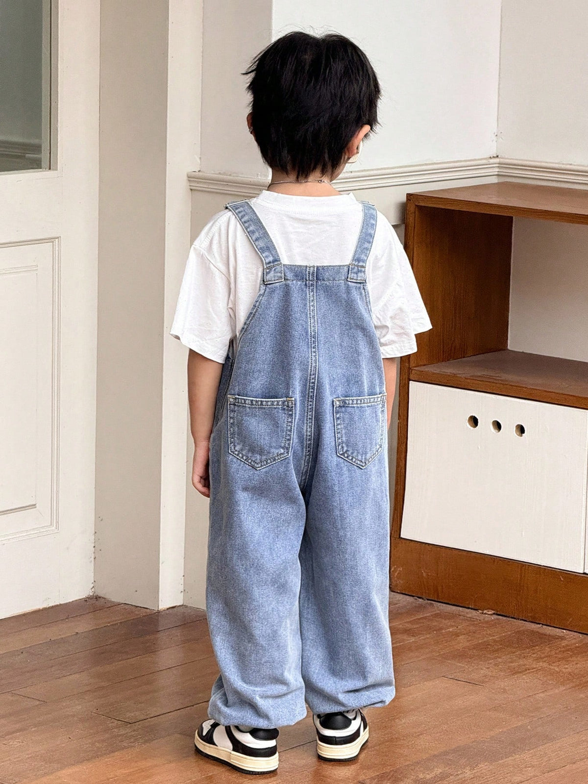 Young Boy Fall And Winter Distressed Casual Everyday Style Korean Style Blue Denim Patch Decor Loose Fit Jeans Overalls Jumpsuit With Ankle Cuffs,For Boys Back To School And Streetwear Outfits