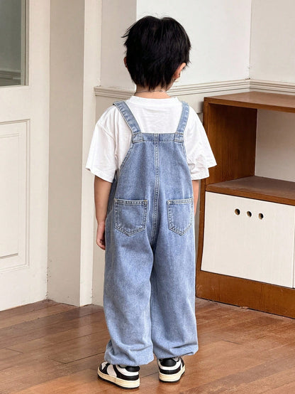 Young Boy Fall And Winter Distressed Casual Everyday Style Korean Style Blue Denim Patch Decor Loose Fit Jeans Overalls Jumpsuit With Ankle Cuffs,For Boys Back To School And Streetwear Outfits