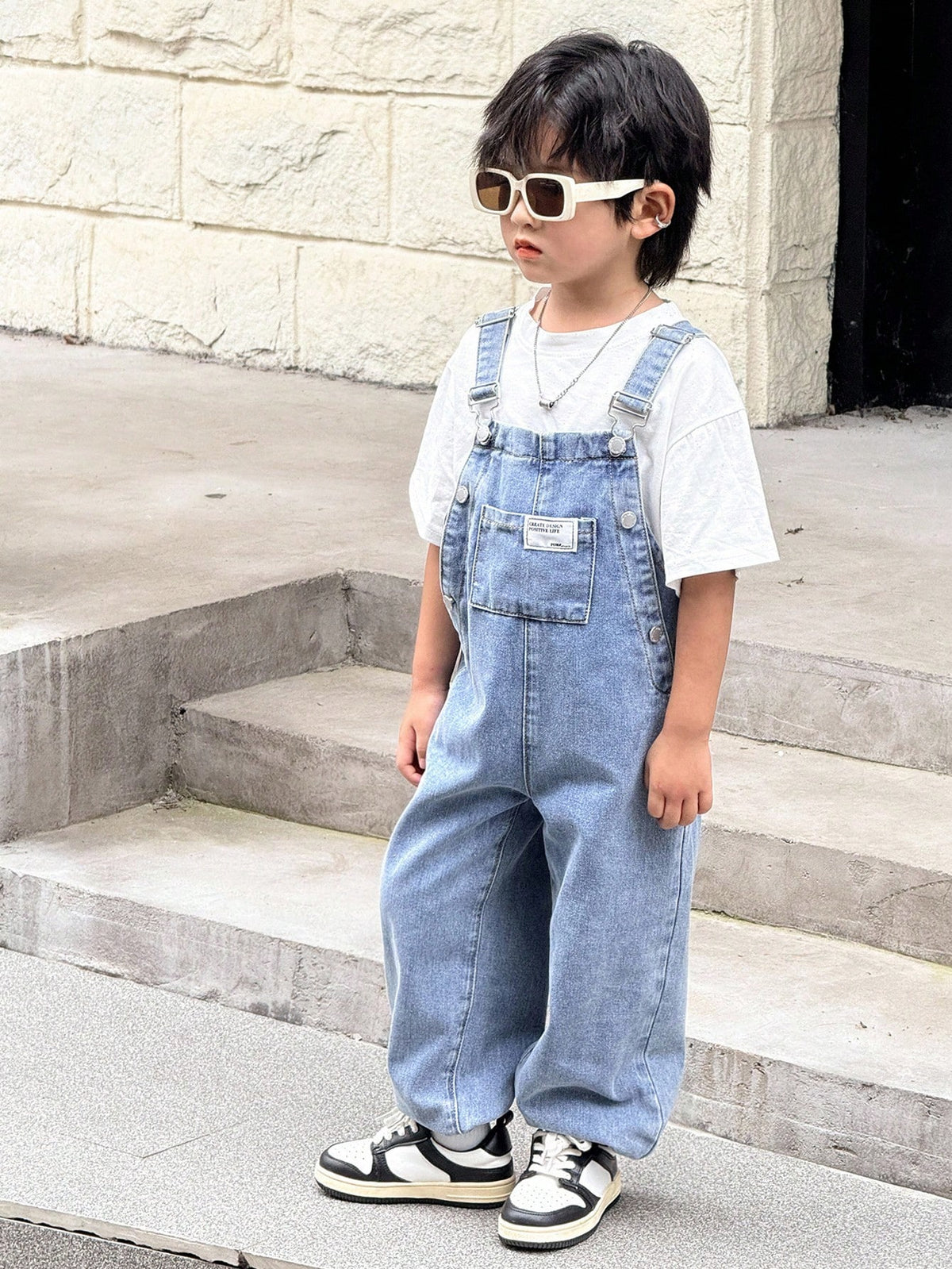 Young Boy Fall And Winter Distressed Casual Everyday Style Korean Style Blue Denim Patch Decor Loose Fit Jeans Overalls Jumpsuit With Ankle Cuffs,For Boys Back To School And Streetwear Outfits
