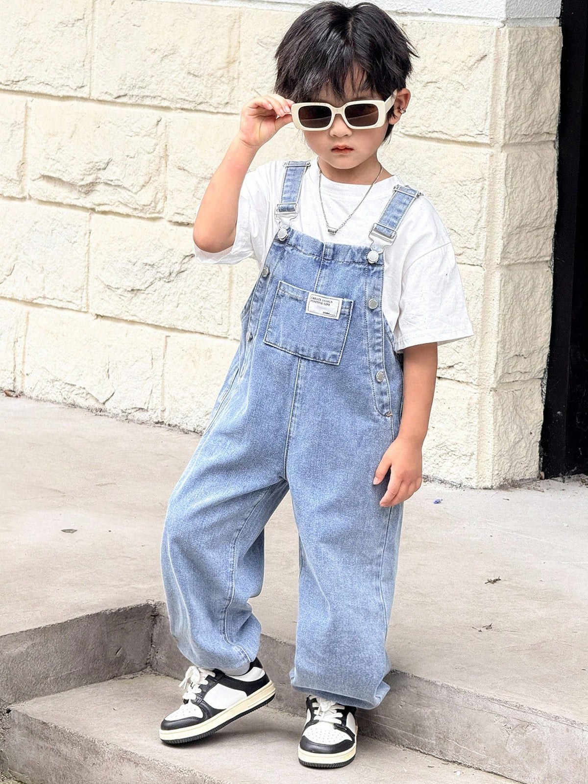 Young Boy Fall And Winter Distressed Casual Everyday Style Korean Style Blue Denim Patch Decor Loose Fit Jeans Overalls Jumpsuit With Ankle Cuffs,For Boys Back To School And Streetwear Outfits