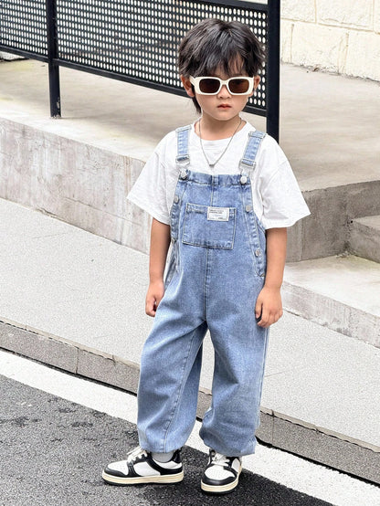 Young Boy Fall And Winter Distressed Casual Everyday Style Korean Style Blue Denim Patch Decor Loose Fit Jeans Overalls Jumpsuit With Ankle Cuffs,For Boys Back To School And Streetwear Outfits