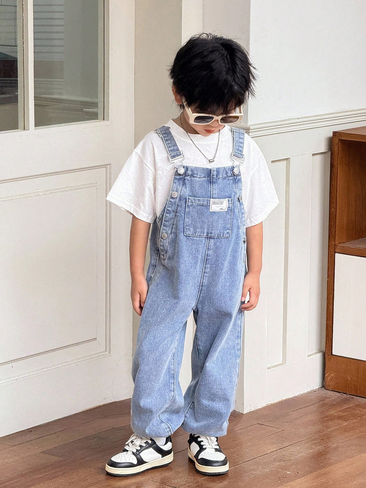 Young Boy Fall And Winter Distressed Casual Everyday Style Korean Style Blue Denim Patch Decor Loose Fit Jeans Overalls Jumpsuit With Ankle Cuffs,For Boys Back To School And Streetwear Outfits