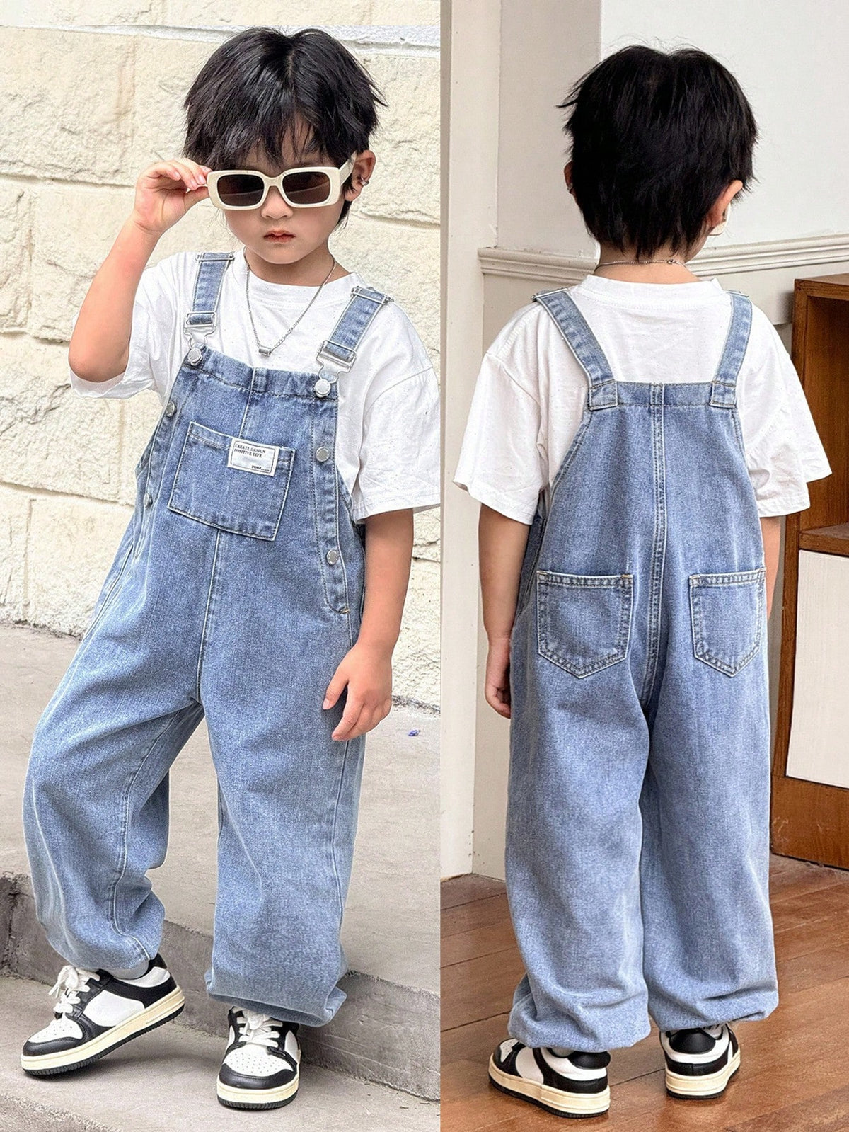 Young Boy Fall And Winter Distressed Casual Everyday Style Korean Style Blue Denim Patch Decor Loose Fit Jeans Overalls Jumpsuit With Ankle Cuffs,For Boys Back To School And Streetwear Outfits