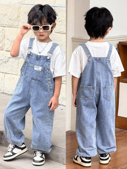 Young Boy Fall And Winter Distressed Casual Everyday Style Korean Style Blue Denim Patch Decor Loose Fit Jeans Overalls Jumpsuit With Ankle Cuffs,For Boys Back To School And Streetwear Outfits