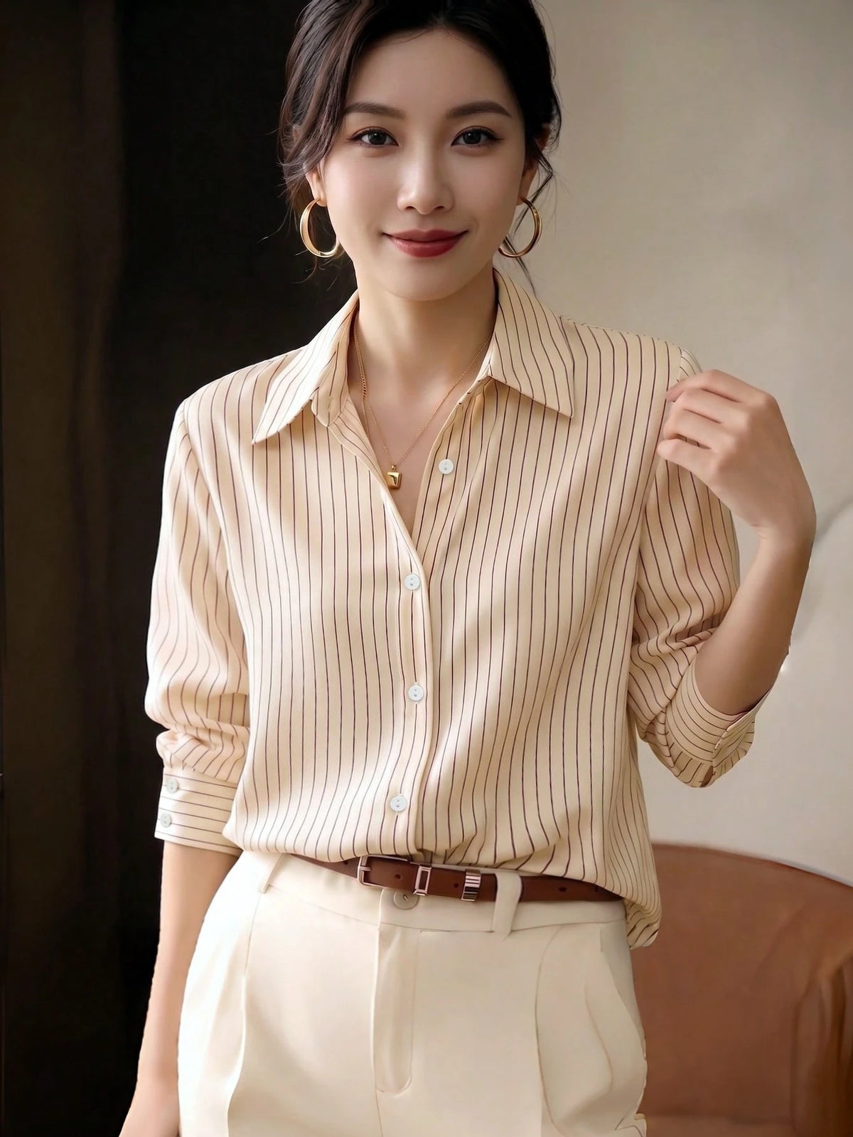 YUXIN Spring/Autumn New Loose Fashion Blue Striped Elegant Long Sleeve Shirt, Stylish Design For Work/Commute, Slimming & Versatile Blouse