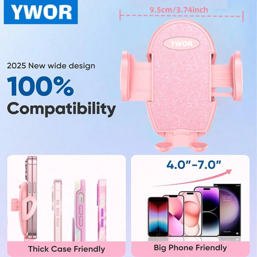 YWOR Pink Car Phone Holder [Sturdy & Secure] Car Air Vent Phone Holder, Hands-Free Operation, Easy Grip, Compatible With IPhone And Android Smartphones, Pink Car Accessory.