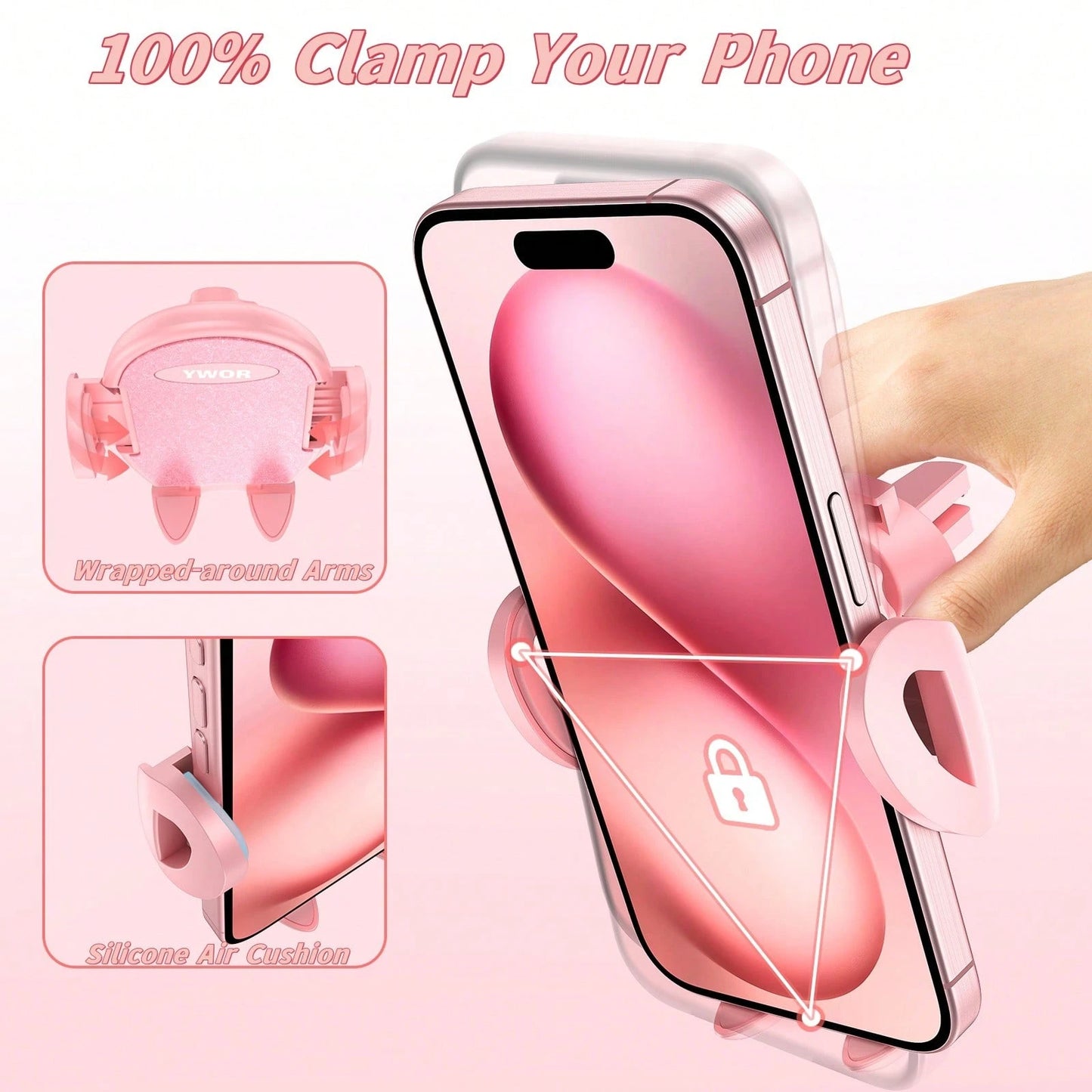 YWOR Pink Car Phone Holder [Sturdy & Secure] Car Air Vent Phone Holder, Hands-Free Operation, Easy Grip, Compatible With IPhone And Android Smartphones, Pink Car Accessory.