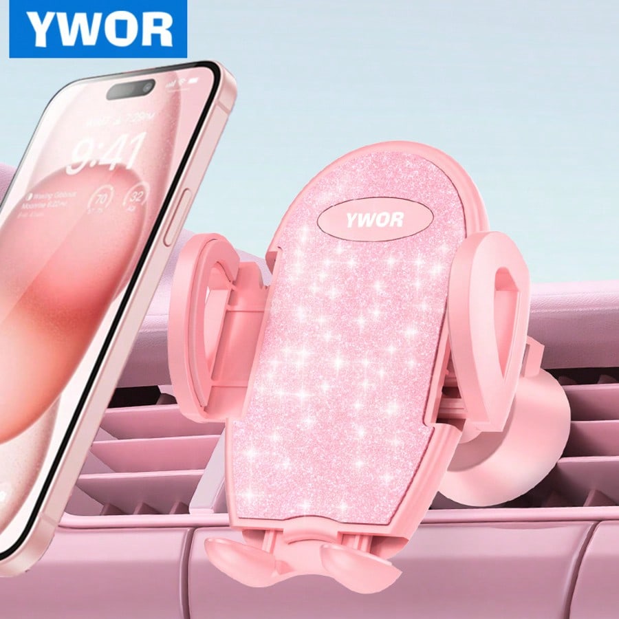 YWOR Pink Car Phone Holder [Sturdy & Secure] Car Air Vent Phone Holder, Hands-Free Operation, Easy Grip, Compatible With IPhone And Android Smartphones, Pink Car Accessory.