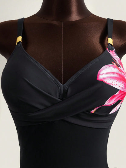 Zestiva 2pcs/Set Summer Hot Selling Beach Vacation Adjustable Strap Metal Decor Floral Print Swimsuit Top And Bottoms