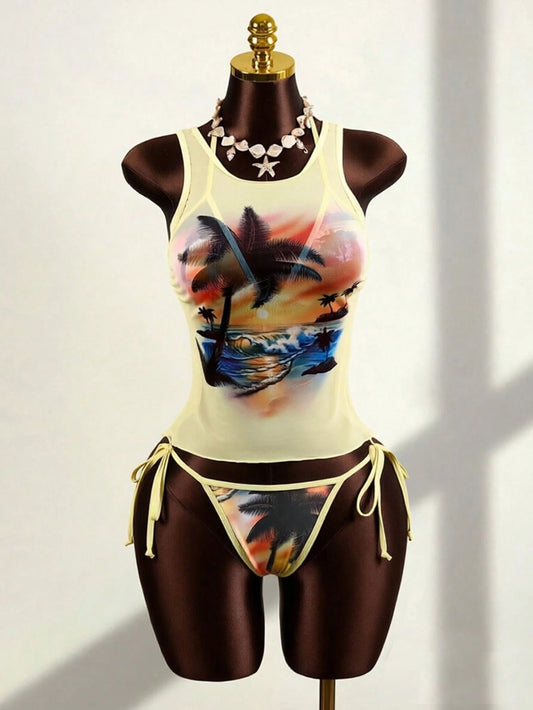Zestiva 3pcs Women's Tropical Sunset Mesh Print Top And Halter Tie Bikini Set, Suitable For Summer Beach Vacation