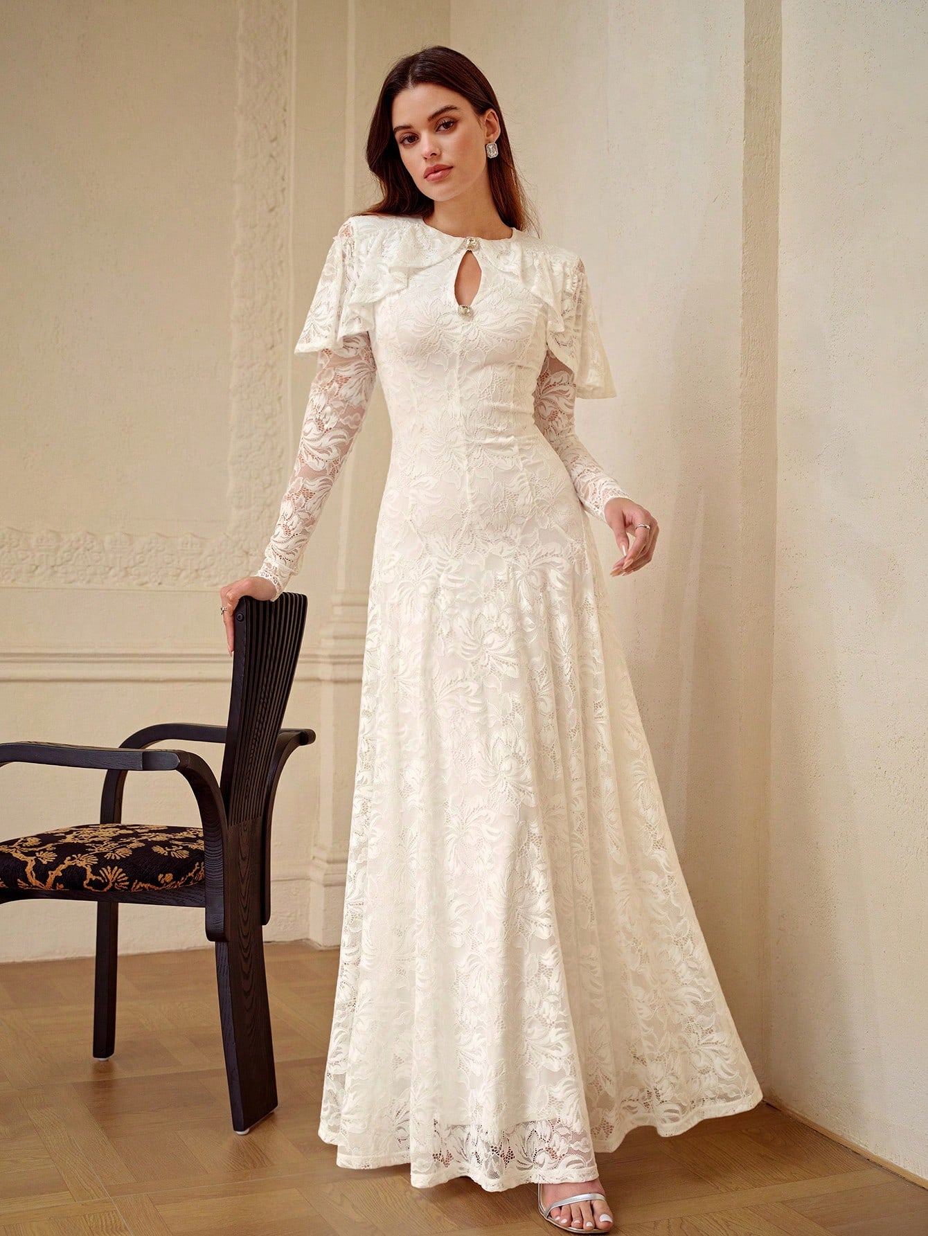 ZEYLAH Lace Shawl Collar Long Sleeve Dress, Spring/Summer